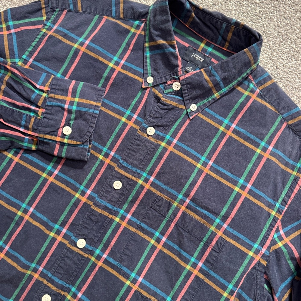 J Crew Shirt Mens M Navy Multi Color Plaid Cotton Preppy Casual Minimalist Adult